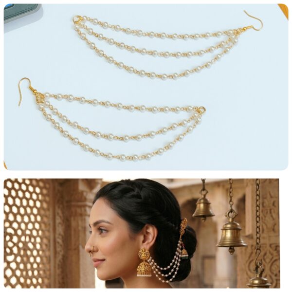 UVX JEWELLERY 3 Line chain Temple Jewelry Inspired Multilayer Pearl Bead Statement Chain Pearl Alloy Jhumki Earring