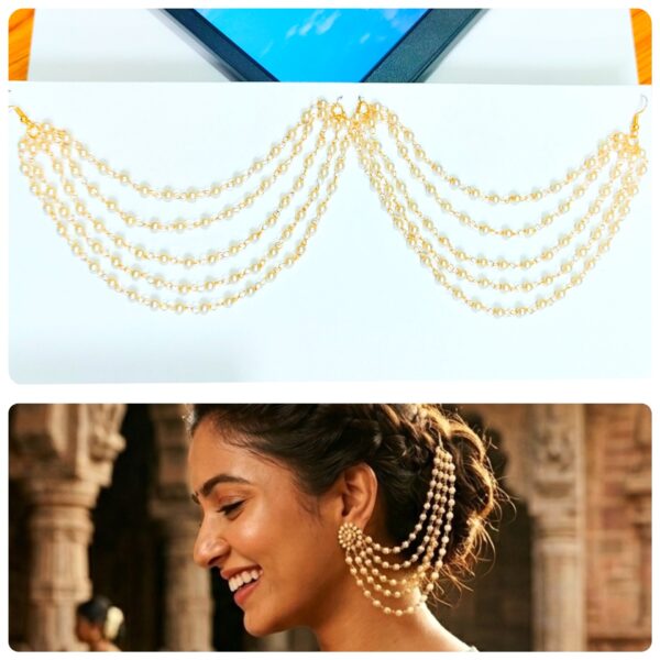 UVX JEWELLERY 5 Line chain Temple Jewelry Inspired Multilayer Pearl Bead Statement Chain Pearl Alloy Jhumki Earring (Copy) (Copy)