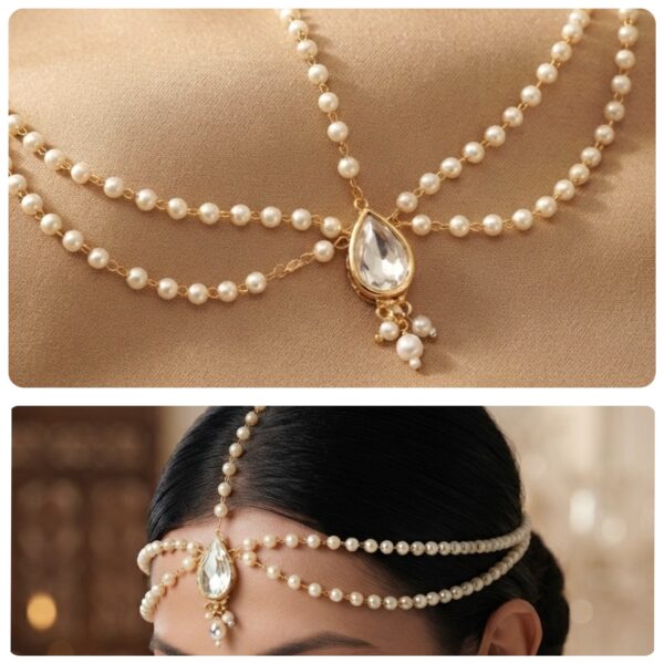UVX JEWELLERY Matha pati for girls/women Temple Jewelry Inspired two layer Pearl Bead Statement Chain Pearl Alloy (Copy)