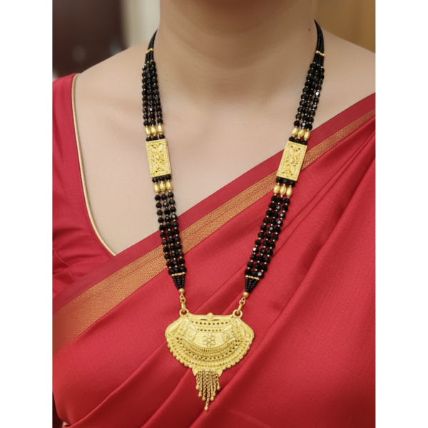 Traditional Gold-Plated Mangalsutra Necklace with Three Strands of Black Beads for Women